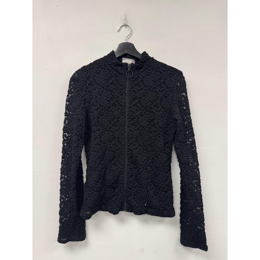 VTG Papillon Blanc‎ Jacket Juniors XL Black Lace Floral Full Zip Lined Short Y2K